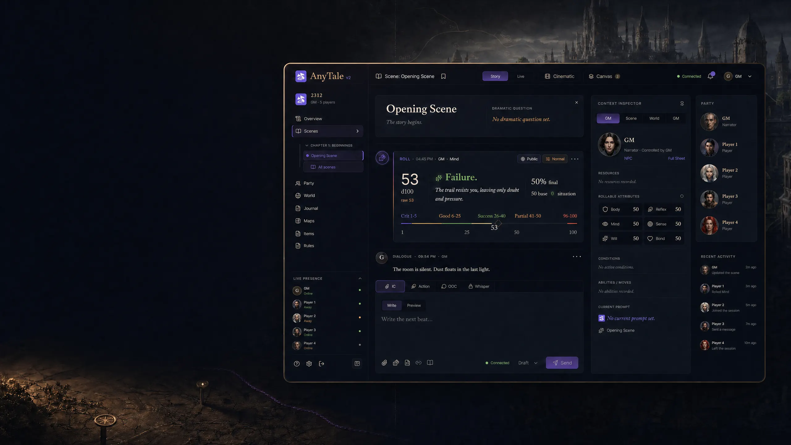 AnyTale interface showing a text roleplay scene, dice roll, party list, and campaign context