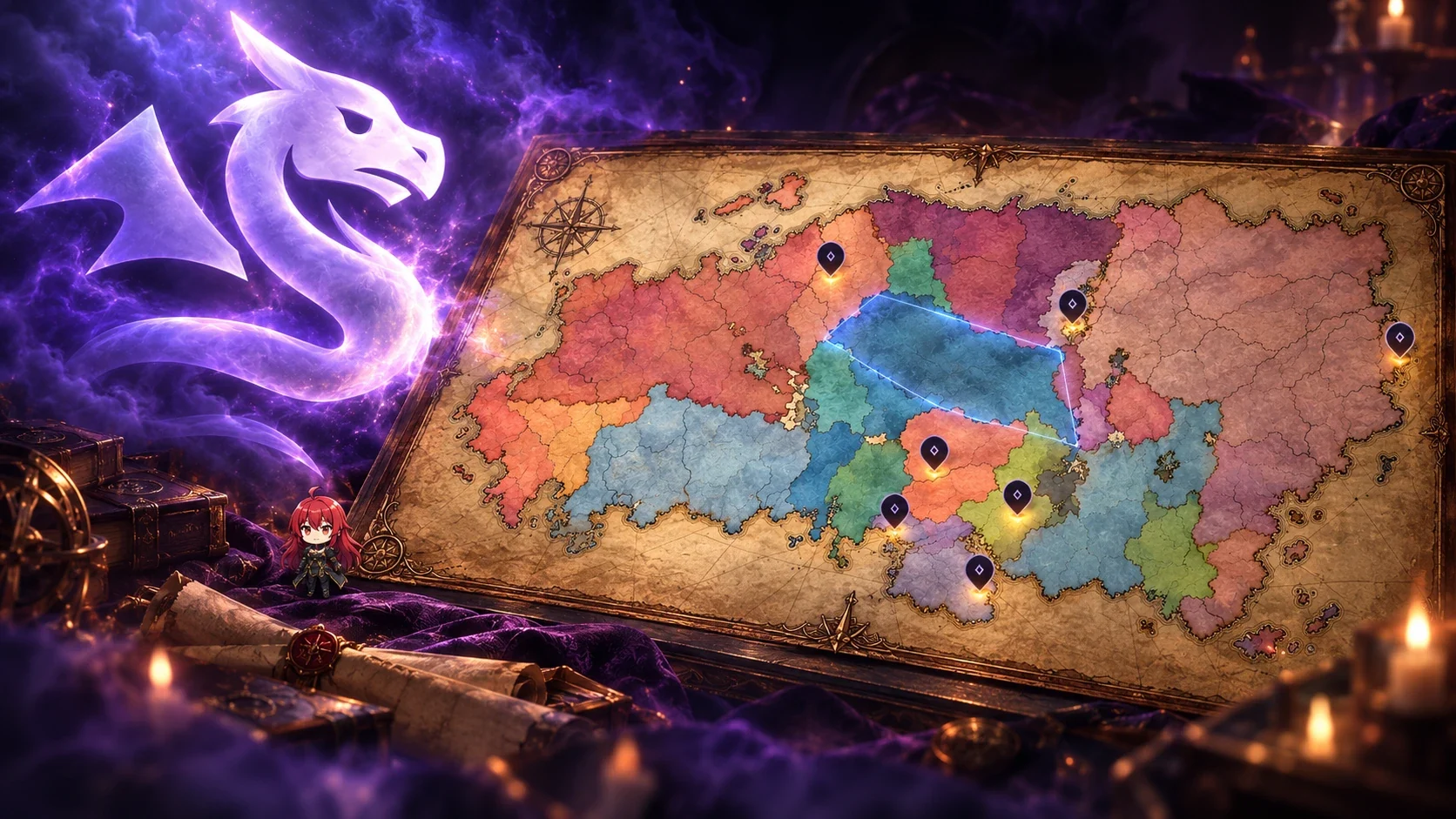 A colored world map with glowing pins on a table, a small Ishihara token at its edge, beside the AnyTale dragon