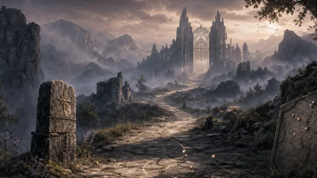 Generated scene art: a ruined fantasy gate on a misty road at dusk