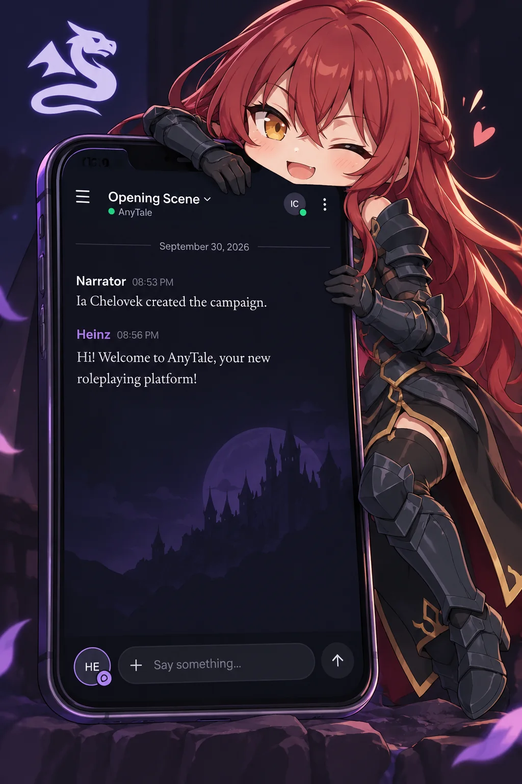 Ishihara hugging a phone that shows an AnyTale scene in the mobile browser