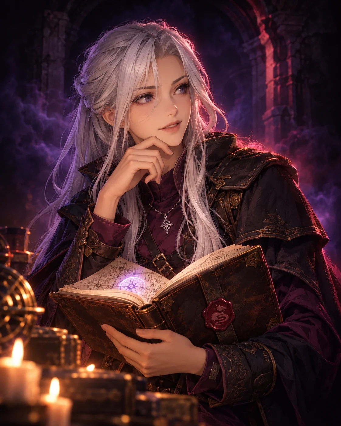 Roxiel, a silver-haired rune scholar, smiling over an open journal with a glowing rune
