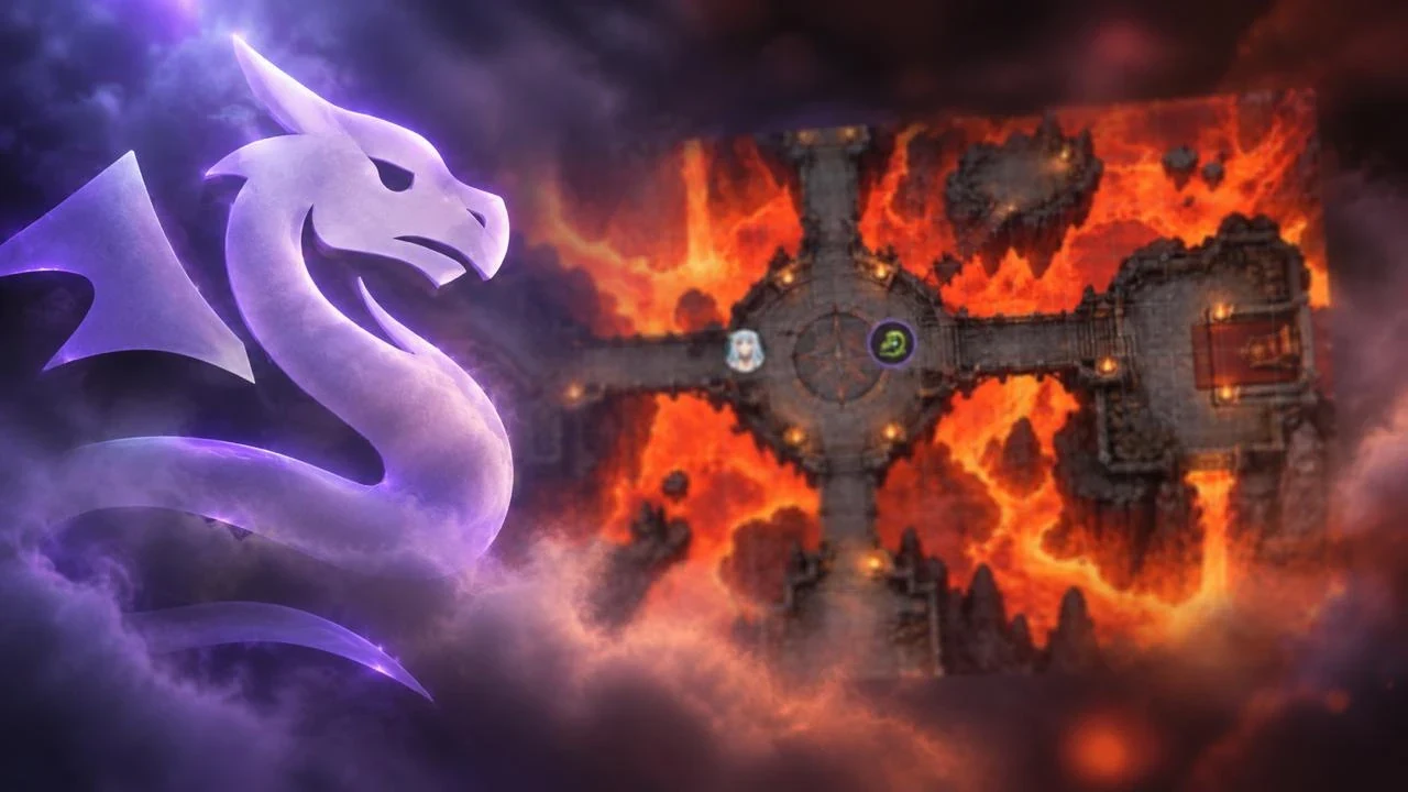 A battle map over a lava field, with two character tokens at a stone crossroads, beside the AnyTale dragon
